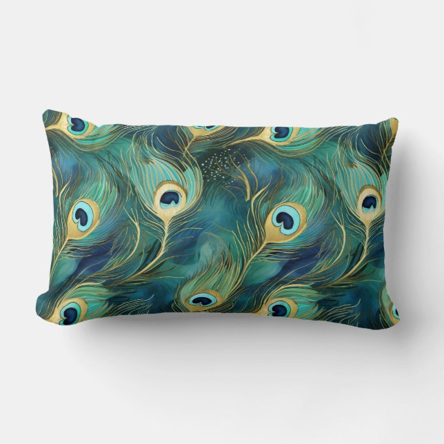 Peacock Feathers Lumbar Pillow (Front)