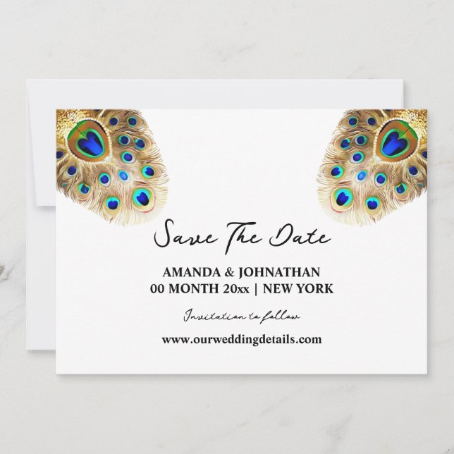 Peacock feathers luxurious bird white gold nature save the date (Front)