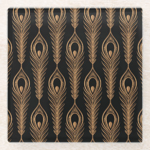 Peacock Feathers, Luxury Oriental Pattern. Glass Coaster