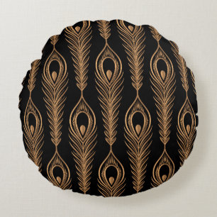 Peacock Feathers, Luxury Oriental Pattern. Round Pillow