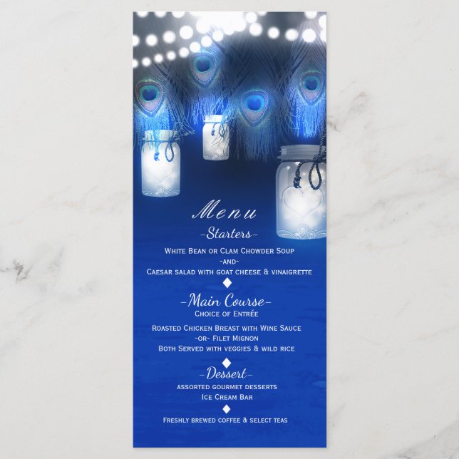 Peacock Feathers, Mason Jar & String Lights Menu (Front)