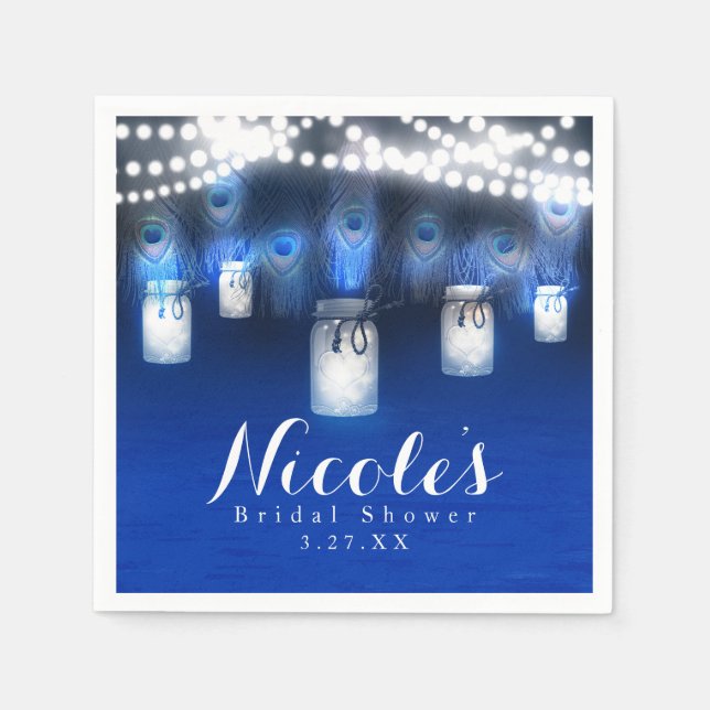 Peacock Feathers, Mason Jar & String Lights Party Napkin (Front)