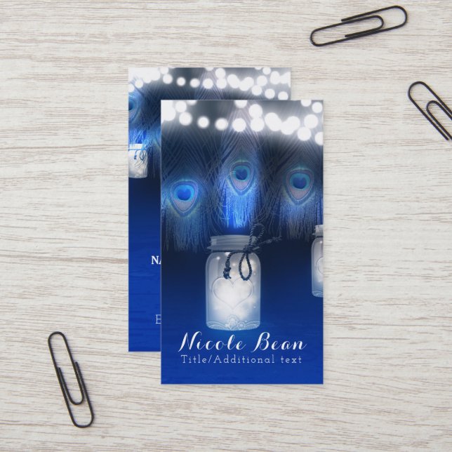 Peacock Feathers, Mason Jar & String Lights Rustic Business Card (Front/Back In Situ)