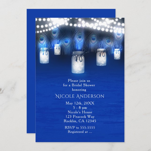 Peacock Feathers, Mason Jar & String Lights Rustic Invitation (Front/Back)