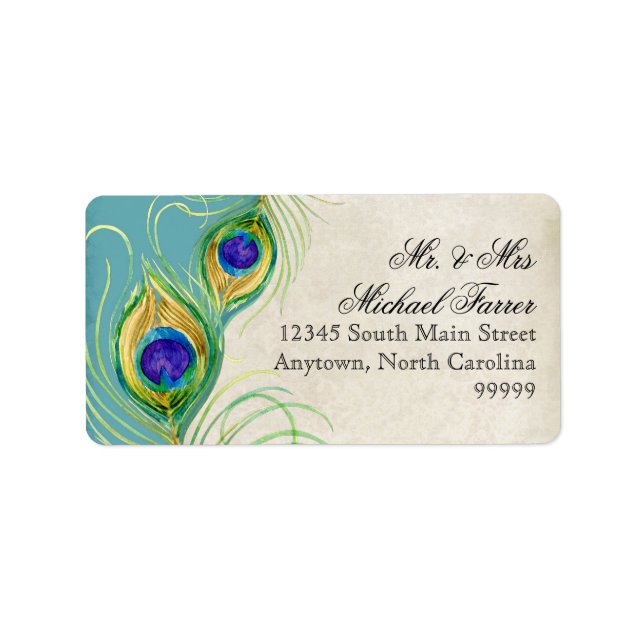 Peacock Feathers Modern Wedding Matching Labels (Front)