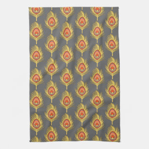 Peacock Feathers, Mustard Yellow on Grey / Grey Kitchen Towel