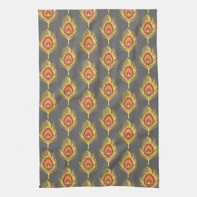 Peacock Feathers, Mustard Yellow on Grey / Grey Kitchen Towel (Vertical)