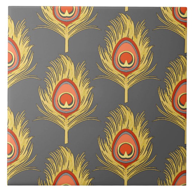 Peacock Feathers, Mustard Yellow on Grey / Grey Tile (Front)