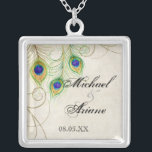 Peacock Feathers n Swirls Wedding or Anniversary Silver Plated Necklace<br><div class="desc">This is a contemporary,  sophisticated design featuring stylized,  hand watercolored Peacock feathers,  on a handpainted lace and parchment background. YOU MIGHT ALSO ENJOY:COMPLETE COLLECTION AT:http://www.zazzle.com/audreyjeanne/gifts?cg=196290129138184832  INVITATIONS: 



 



 RSVP RESPONSE CARD: 



 RECEPTION: 



 ORNAMENTS: 



 BRIDAL JEWELRY,  NECKLACE: 



 IPAD: 



 IPHONE CASE:</div>