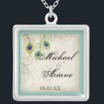 Peacock Feathers n Swirls Wedding or Anniversary Silver Plated Necklace<br><div class="desc">This is a contemporary,  sophisticated design featuring stylized,  hand watercolored Peacock feathers,  on a handpainted lace and parchment background. YOU MIGHT ALSO ENJOY:COMPLETE COLLECTION AT:http://www.zazzle.com/audreyjeanne/gifts?cg=196290129138184832  INVITATIONS: 



 



 RSVP RESPONSE CARD: 



 RECEPTION: 



 ORNAMENTS: 



 BRIDAL JEWELRY,  NECKLACE: 



 IPAD: 



 IPHONE CASE:</div>