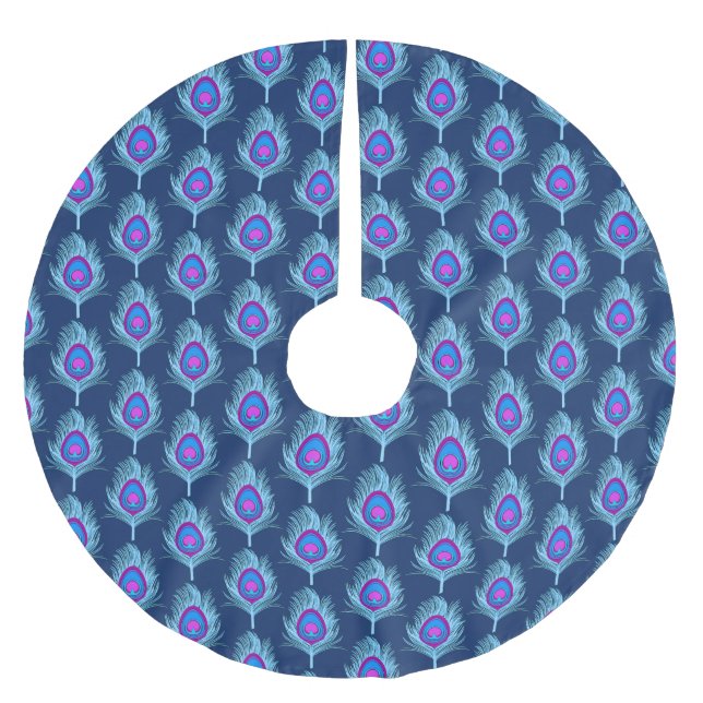 Peacock Feathers, Navy and Pastel Blue Brushed Polyester Tree Skirt (Front)