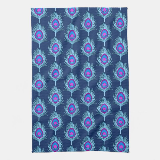 Peacock Feathers, Navy and Pastel Blue Kitchen Towel (Vertical)