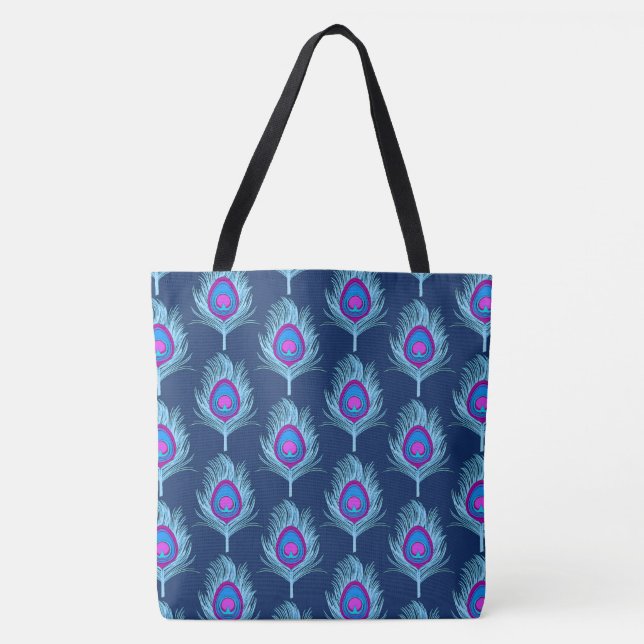 Peacock Feathers, Navy and Pastel Blue Tote Bag (Front)