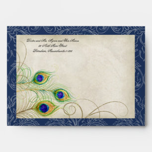 Peacock Feathers Navy Blue Wedding Invitation 5x7 Envelopes