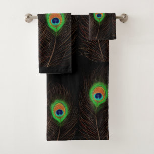 Peacock Feathers on Black  Bath Towel Set