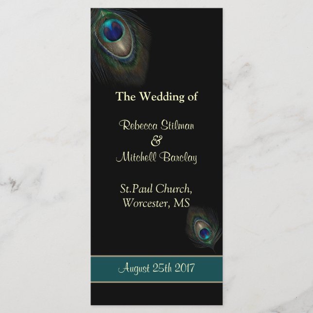 Peacock feathers on black Wedding program (Front)