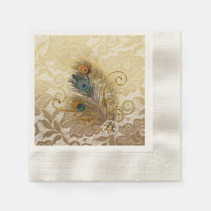 Peacock Feathers on Gold Lace Paper Plates Napkin