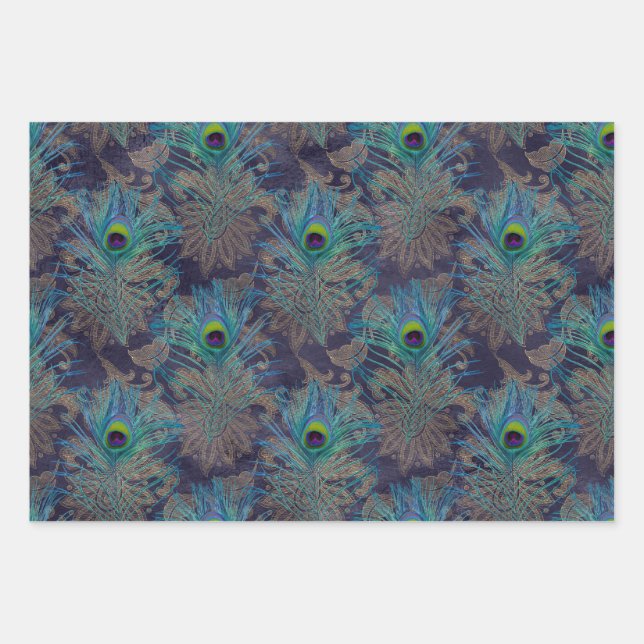 Peacock Feathers on Purple Wrapping Paper Sheet (Front)