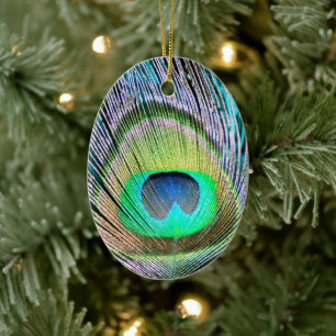 Peacock Feathers on turquoise Ceramic Ornament