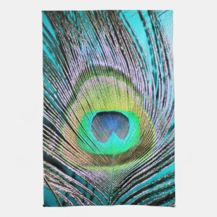 Peacock Feathers on turquoise Kitchen Towel