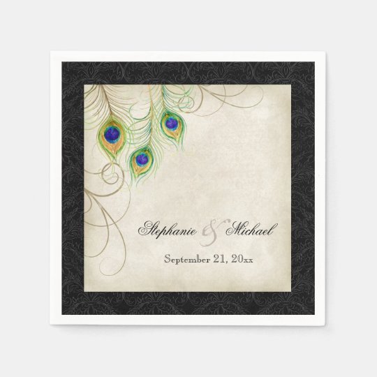 Peacock Feathers Parchment Wedding Reception Decor Paper Napkins