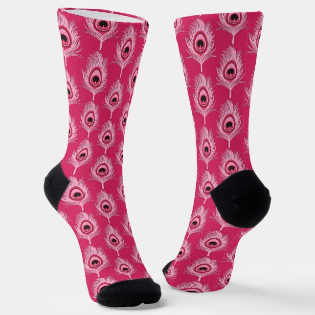 Peacock Feathers, Pastel Pink on Fuchsia Pink  Socks (Angled)