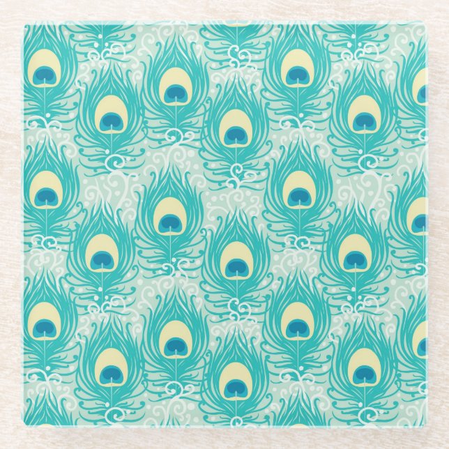 Peacock feathers pattern glass coaster (Front)