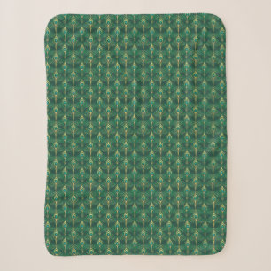 Peacock Feathers Pattern in Emerald Green and Gold Sherpa Blanket
