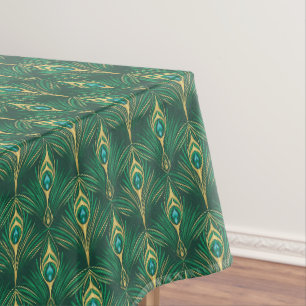 Peacock Feathers Pattern in Emerald Green and Gold Tablecloth