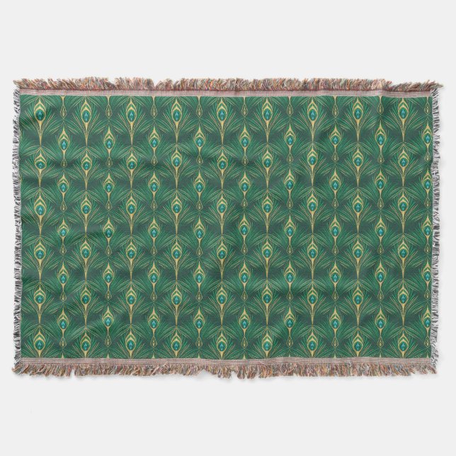 Peacock Feathers Pattern in Emerald Green and Gold Throw Blanket (Front)