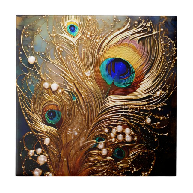 Peacock feathers pearl dots marbled faux foil wall tile (Front)