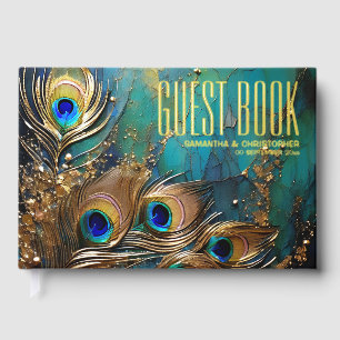 Peacock feathers plume gold foil scatter marbled  guest book