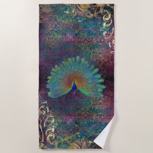 Peacock Feathers Purple Teal Vintage Gold Scrolls Beach Towel
