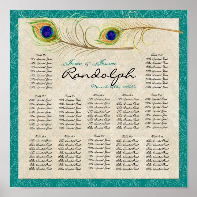 Peacock Feathers Reception Table Seating Chart (Front)