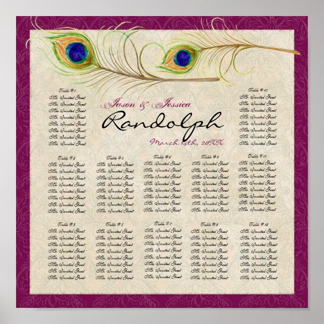 Peacock Feathers Reception Table Seating Chart (Front)