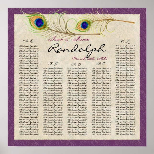 Peacock Feathers Reception Table Seating Chart (Front)