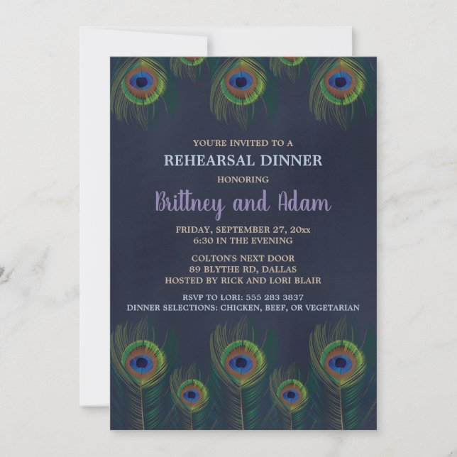 Peacock Feathers Rehearsal Dinner Invitations (Front)