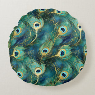 Peacock Feathers Round Pillow