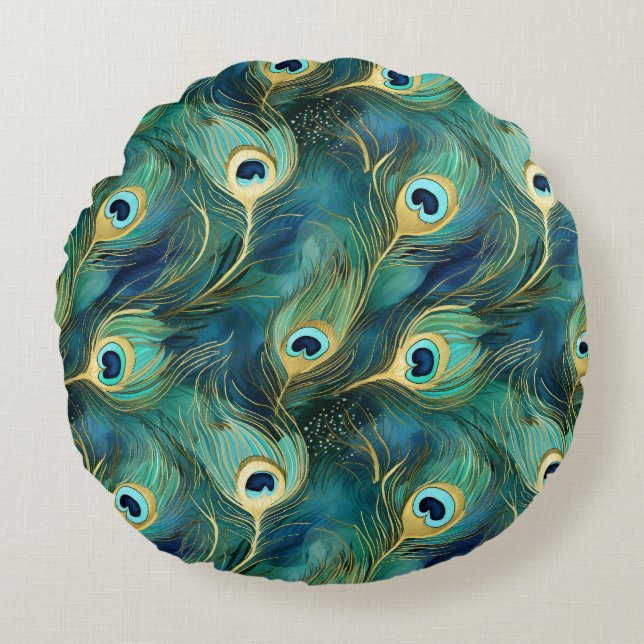 Peacock Feathers Round Pillow (Front)