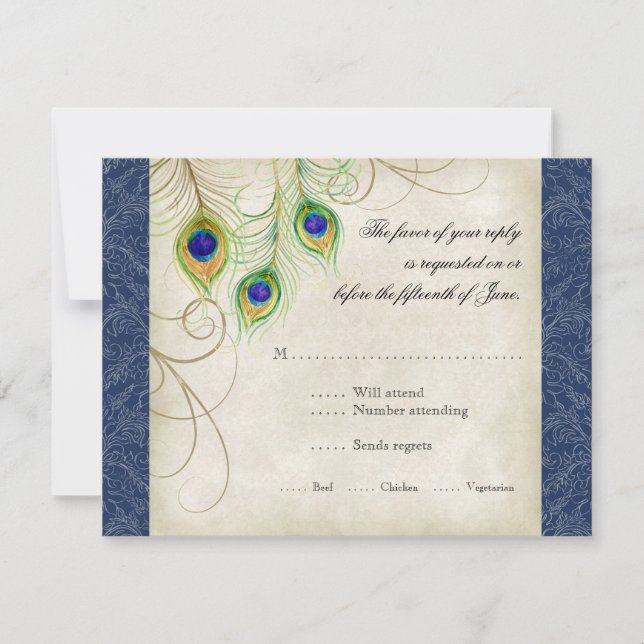 Peacock Feathers Royal Blue Faire-part de mariage (Devant)