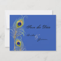 Peacock Feathers Save the Date Blue Invite Cards