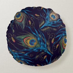 Peacock Feathers Seamless Pattern Round Pillow