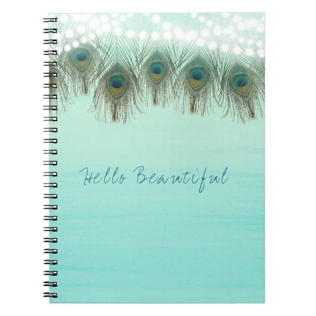 Peacock Feathers & String Lights Rustic Elegant Notebook (Front)