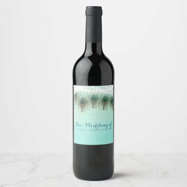 Peacock Feathers & String Lights Rustic Party Wine Label (Front)