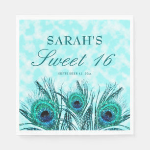 Peacock Feathers Sweet 16 Glittery Feathers Napkin