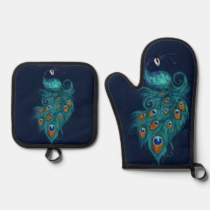 Peacock Feathers Teal Peacocks                     Oven Mitt & Pot Holder Set