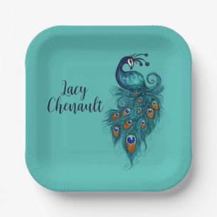 Peacock Feathers Teal Peacocks Paper Plate