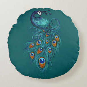 Peacock Feathers Teal Peacocks          Round Pillow