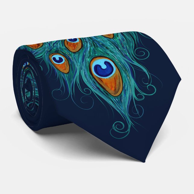 Peacock Feathers Teal Peacocks   Tie (Rolled)