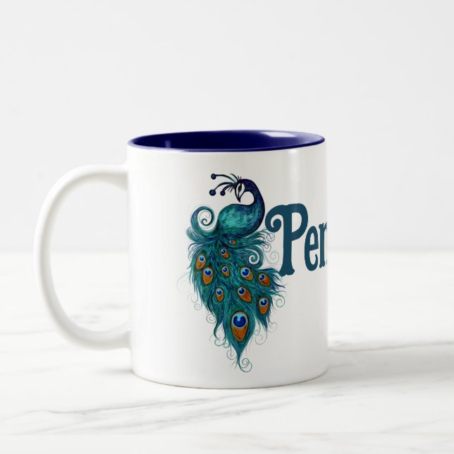 Peacock Feathers Teal Peacocks    Two-Tone Coffee Mug (Left)